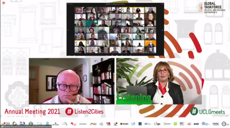 Three screens: Zoom participants and members of GTF, Cities Alliance Director & the Secretary General of UCLG 