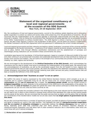 Statement of the organized constituency of local and regional governments at the occasion of the SDG Summit